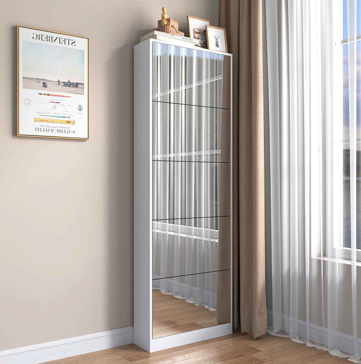 HAUSS SPOLE Schoenopbergkast Met Spiegeldeur - Ruimtebesparend Voor Hal En Entree - MDF En Spiegel - 63x19,6x185 Cm - Wit