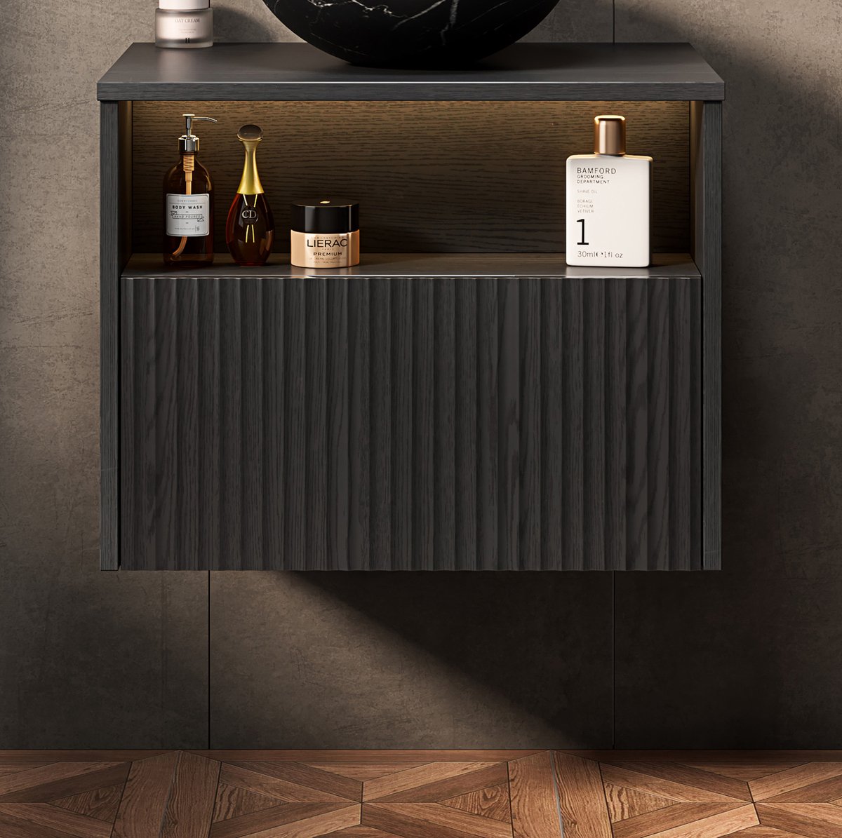 Badkamermeubel - Hangend Met Lade En Open Vak - Voor Badkamer - Multiplex - 60 x 46 x 46,8 Cm - Zwart - Zonder Wastafel