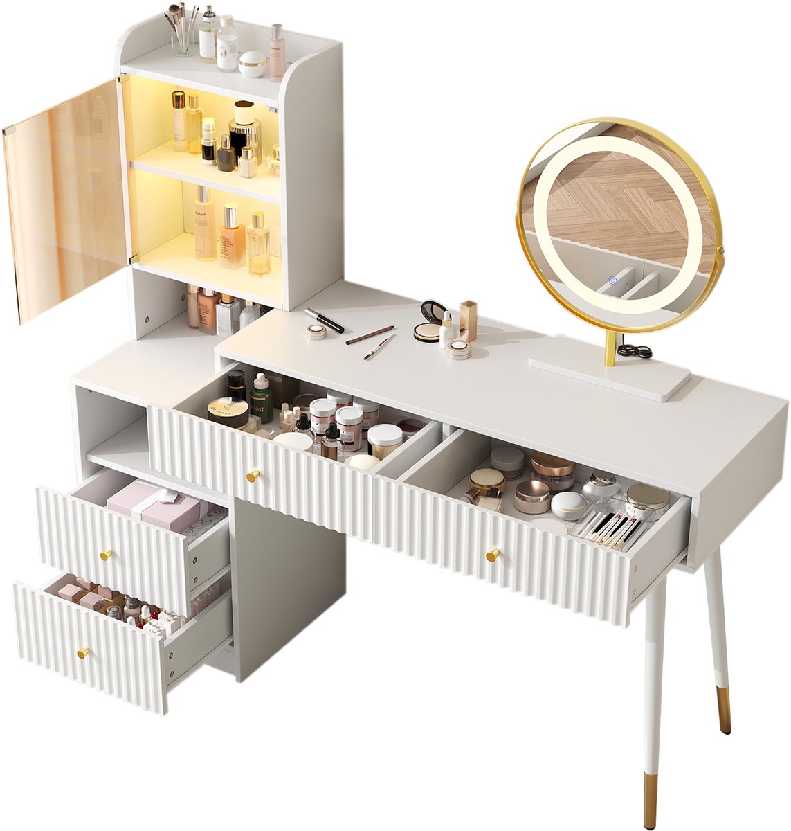 Kaptafel Met Spiegel - Witte Make-Uptafel Met Vier Laden, Verlichte Vitrinekast En Open Opbergvak - Voor Slaapkamer - Spaanplaat