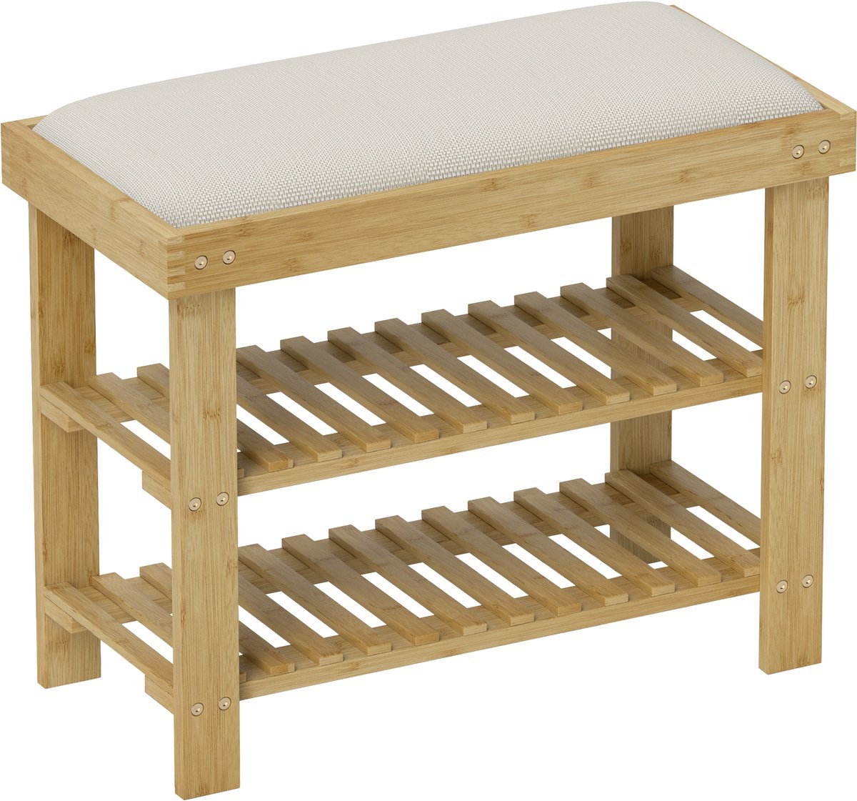 Homona Schoenenbank - Met zitkussen en 2 planken - Bamboe - 60 x 29 x 49 cm - Crèmewit