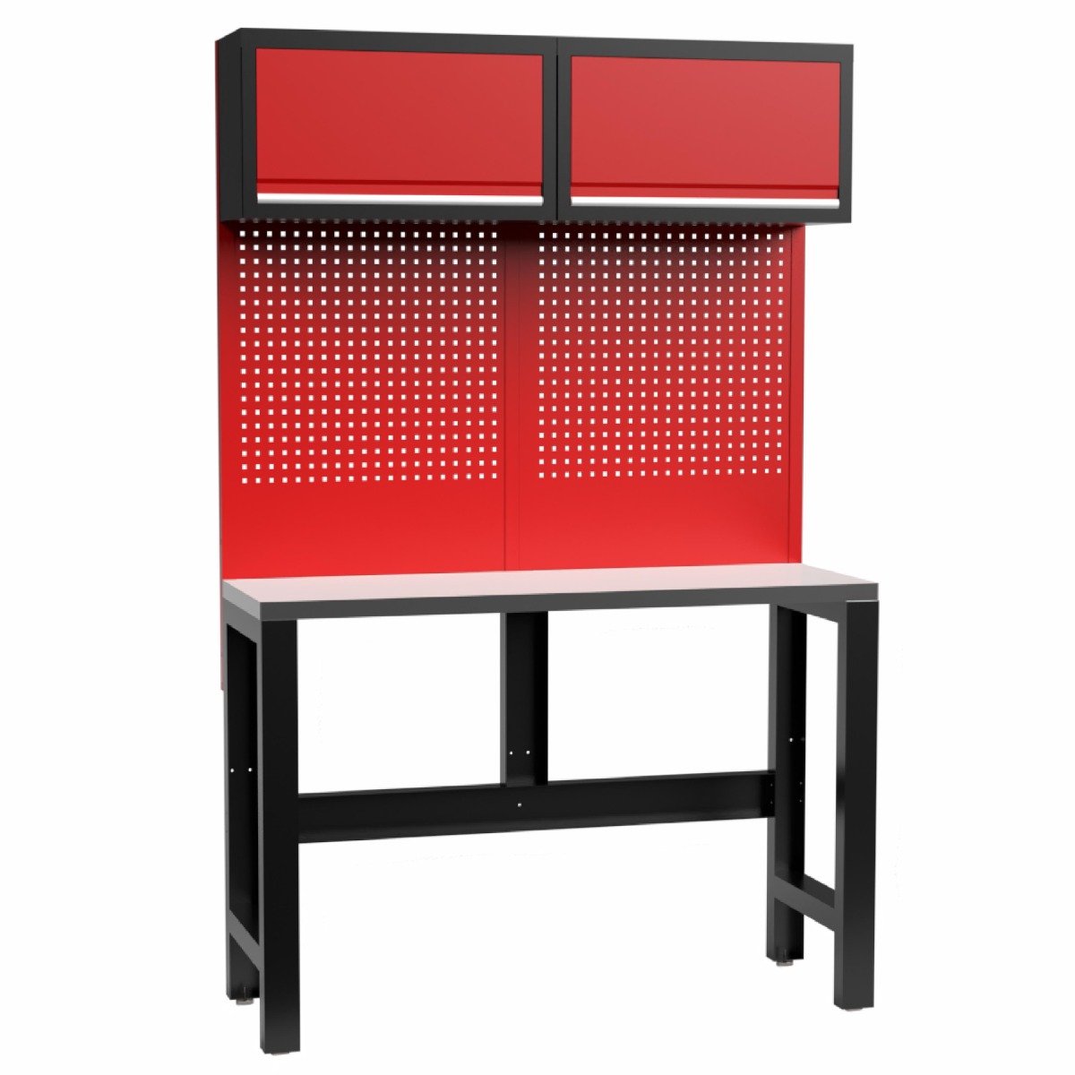 Kraftmeister werkbank 136 cm - Werktafel met gereedschapswand, 2 opbergkasten en RVS werkblad - Rood