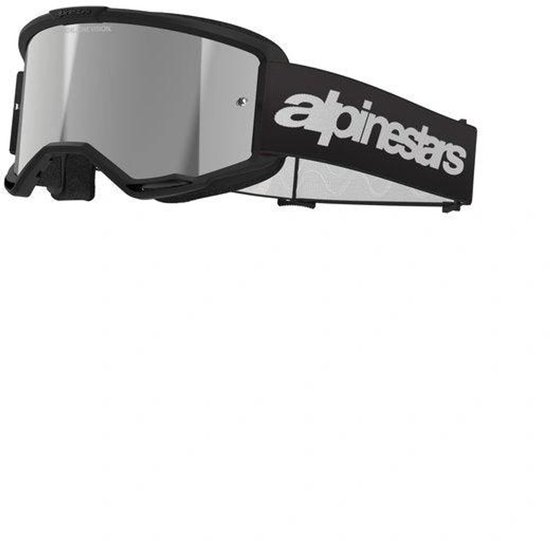 Zwarte Alpinestars motorbril met een zwart bandje met "alpinestars" tekst en een spiegelend vizier.