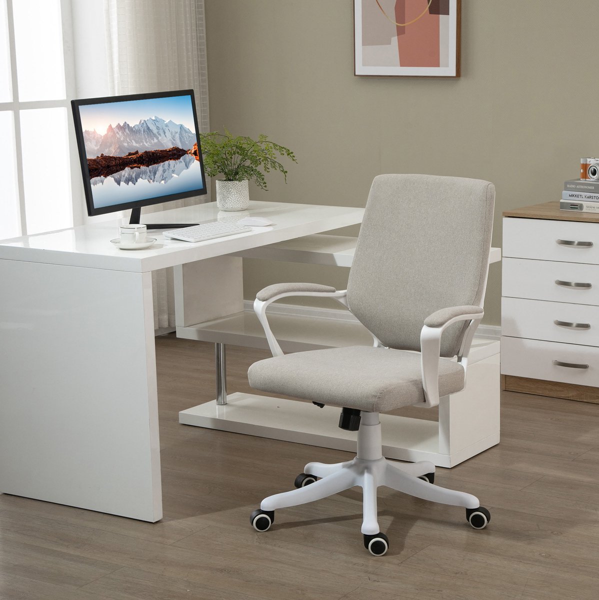 REDOM - Bureaustoel - Ergonomische rugleuning - Lendensteun - Hoogteverstelbare zitting - 360° draaibaar - Schommelfunctie - Polyester - Beige - 62 x 69 x 92-100 cm