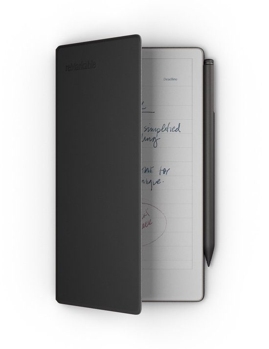 Grijze reMarkable tablet in zwarte leren Book Folio met Marker Plus.