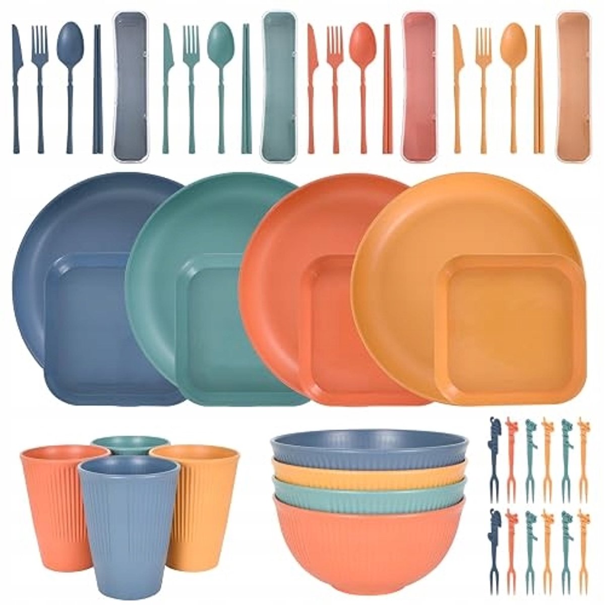 48-delig servies van tarwestro voor 4 personen, ideaal voor kamperen en picknicks