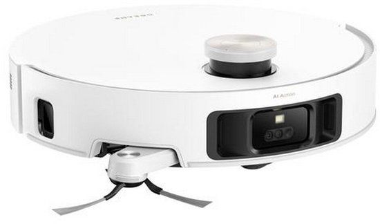 Witte robotstofzuiger met AI Action camera en gouden draaiknop.