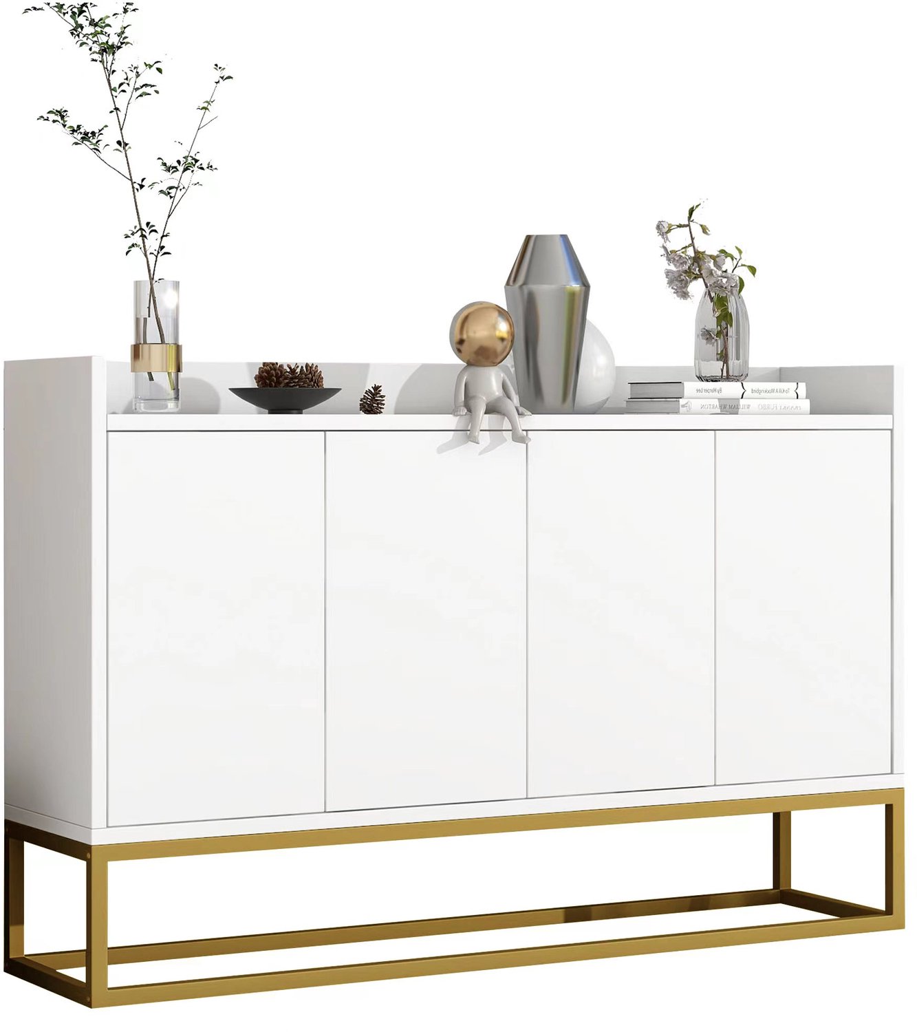 MUVANO Wit greeploos dressoir - Buffetkast met 4 deuren - MDF bovenblad en metalen frame - 120 x 30 x 80 cm - Voor eetkamer, woonkamer en keuken