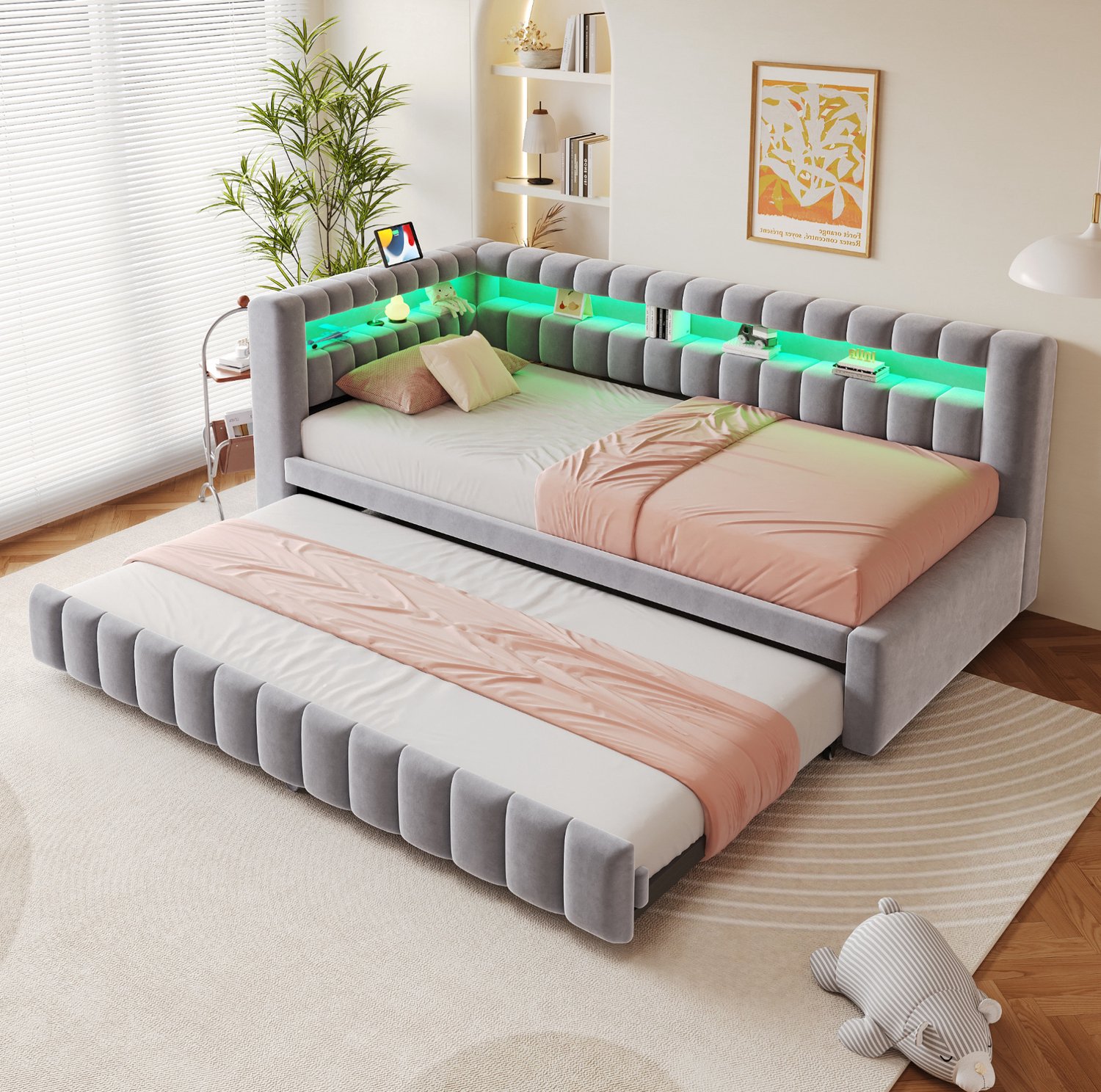 Maisentiel Lichtgrijze slaapbank 90 x 200 cm met uitschuifbaar bed, LED en USB-C Lichtgrijs