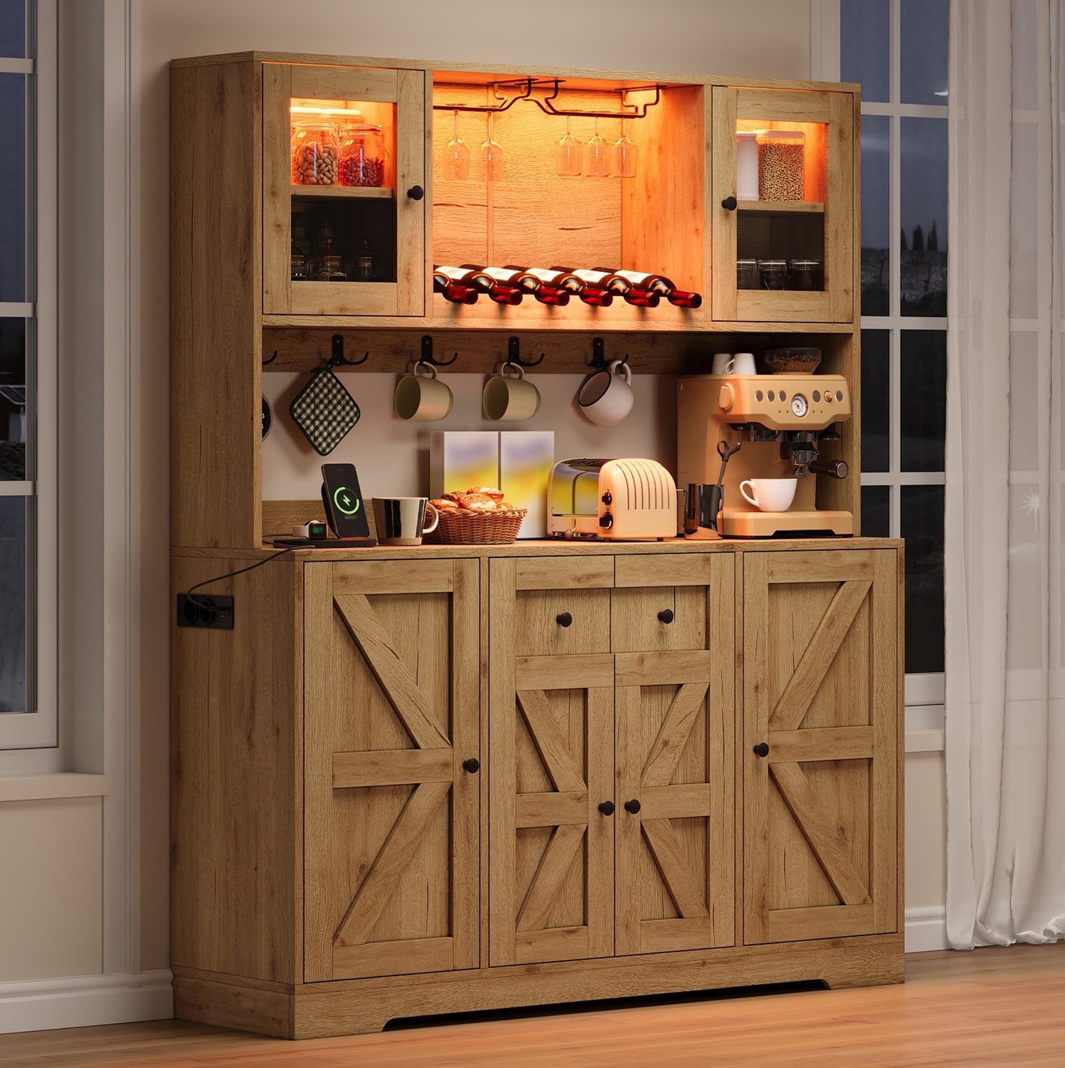 DESMIU Keukenkast - Hoge Opbergkast met Ledverlichting en Stopcontacten - Wijnrek voor Keuken en Eetkamer - MDF - Naturel - 140 x 40 x 173 cm