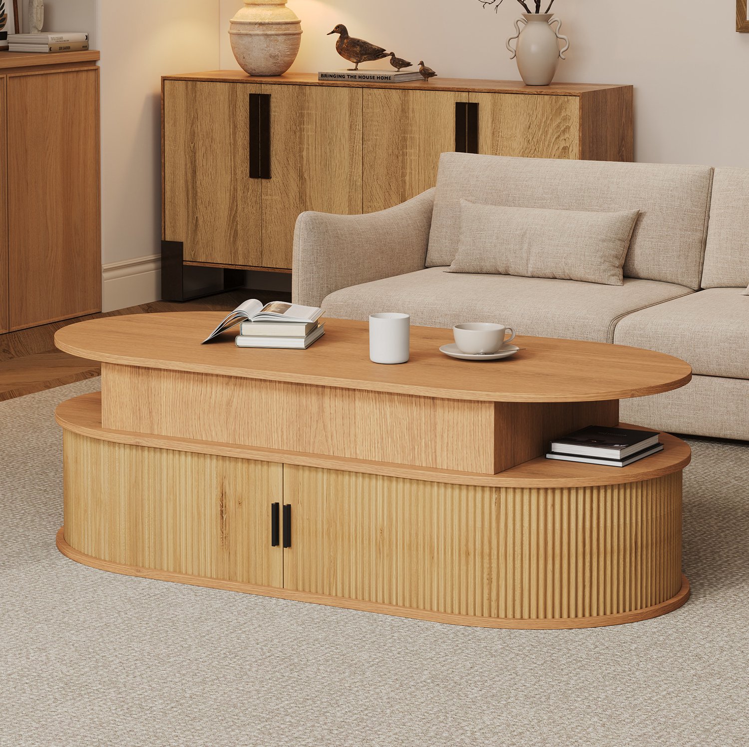MODENUIT Salontafel - Ovaal Hefblad Met Opbergruimte - Voor Woonkamer - MDF in Houtkleur - 100x50x40 Cm