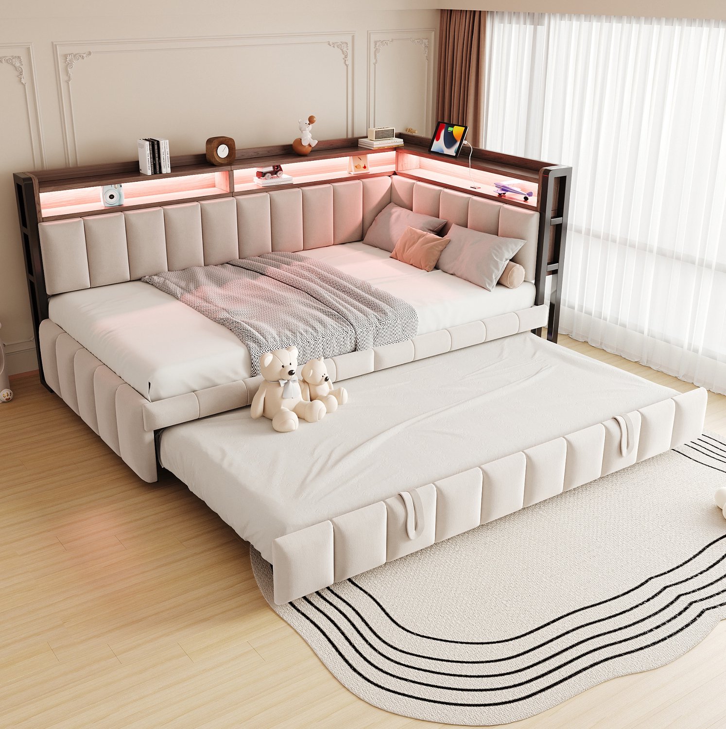 MODFU Slaapbank - Uitschuifbed - Opbergruimte - LED-Verlichting - Fluweel - Beige - 90 x 200 cm