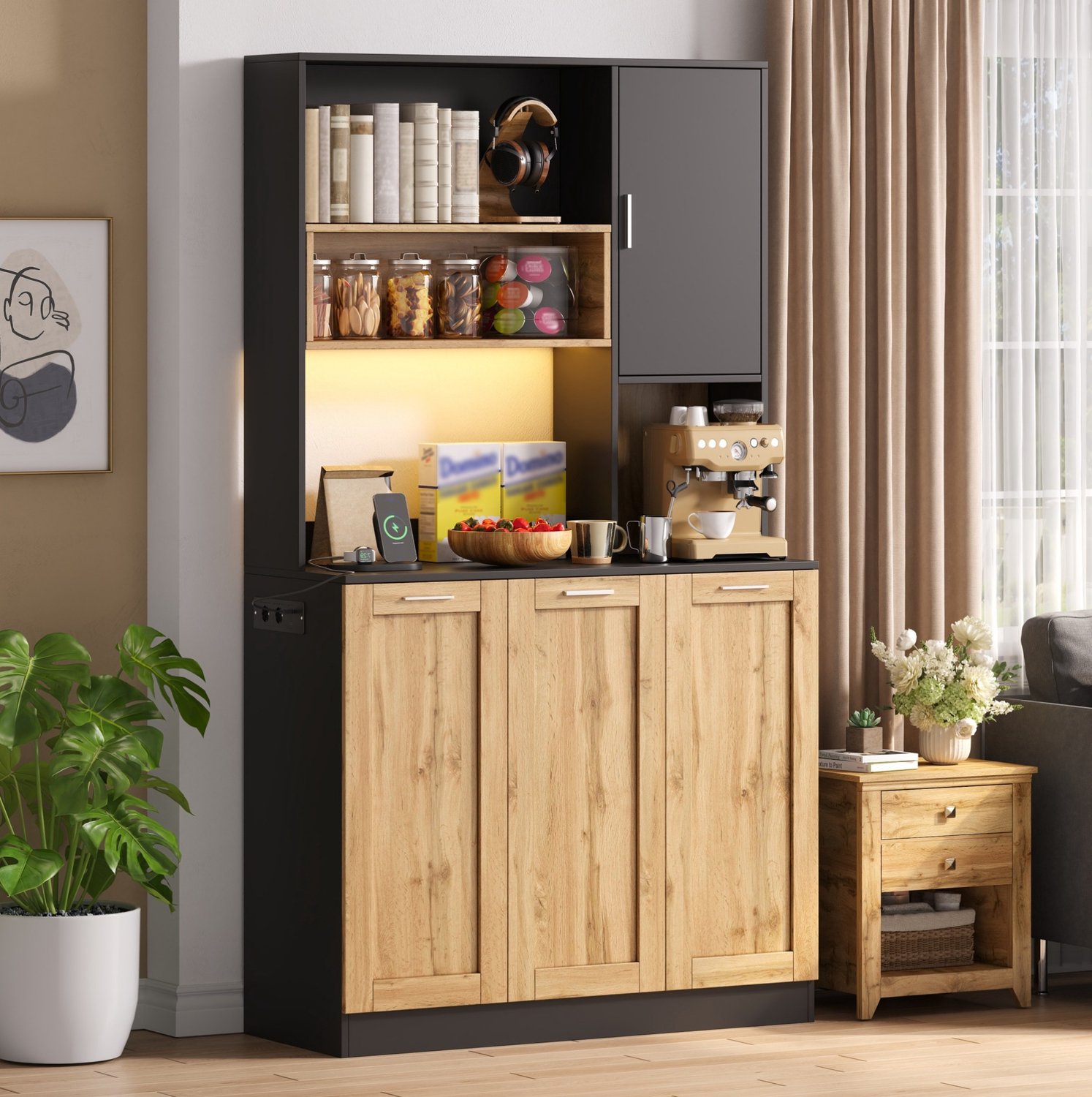 DESMIU Keukenkast - Hoge Opbergkast met Ledverlichting en Stopcontacten - Voor Keuken en Eetkamer - MDF - Naturel en Zwart - 100x40x180 cm