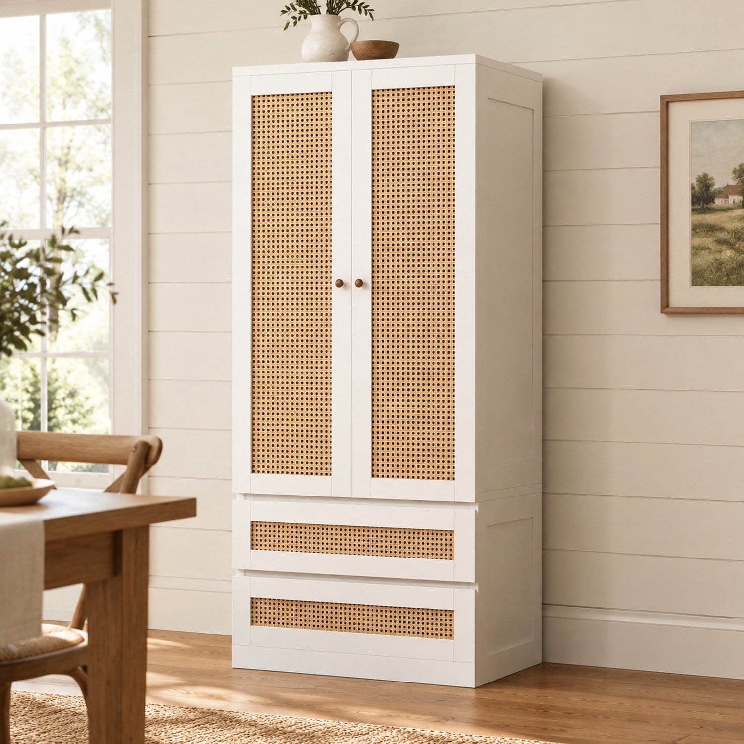 Maisentiel Witte kledingkast met rotanlook deuren en 2 lades - 70 x 55 x 170 cm