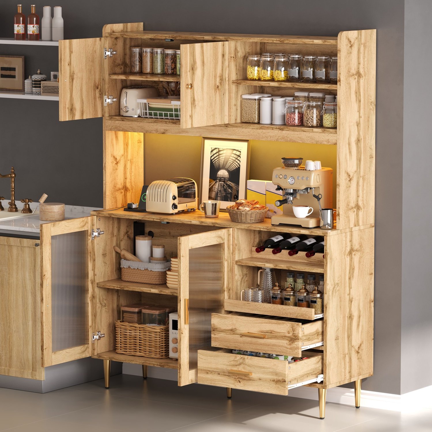 DESMIU Keukenkast - Hoge Kast met Ledverlichting en Stopcontacten - voor Keuken en Eetkamer - MDF en Spaanplaat - 130 x 40 x 172 cm - Naturel