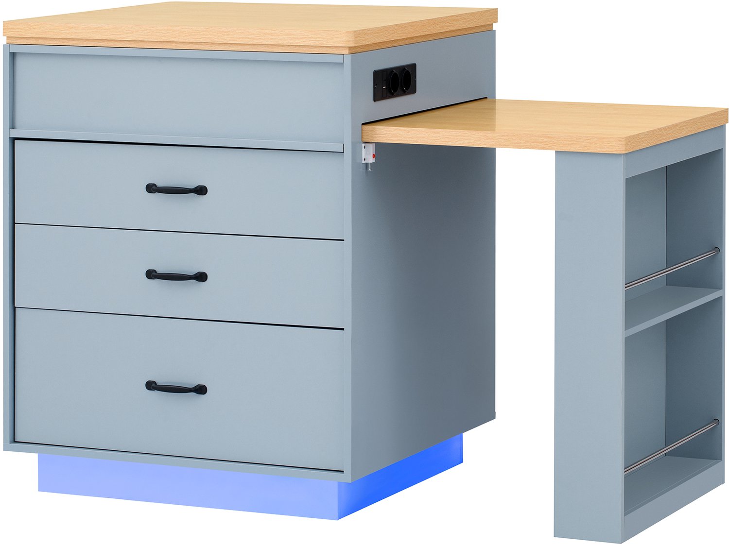 MUVANO Uitschuifbare eettafel - Keukeneiland met lades en wielen - LED en USB-C - MDF en spaanplaat - 125,5–187,5 x 71 x 93 cm - Keuken - Blauw