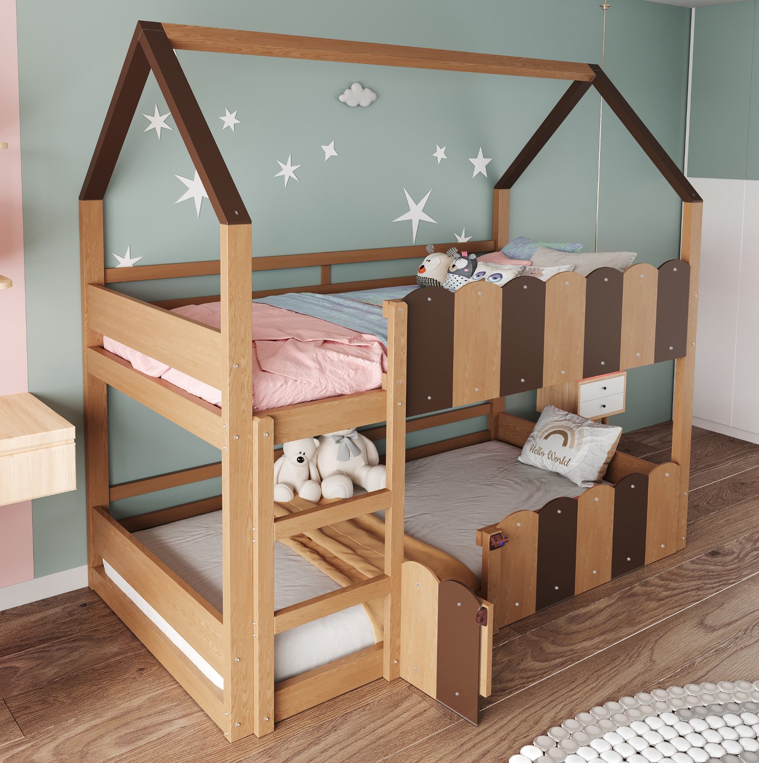Maisentiel Kinderstapelbed 90 x 200 cm in huisvorm - houtkleur - met ladder en uitvalbeveiliging Naturel houtkleur en donkerbruin