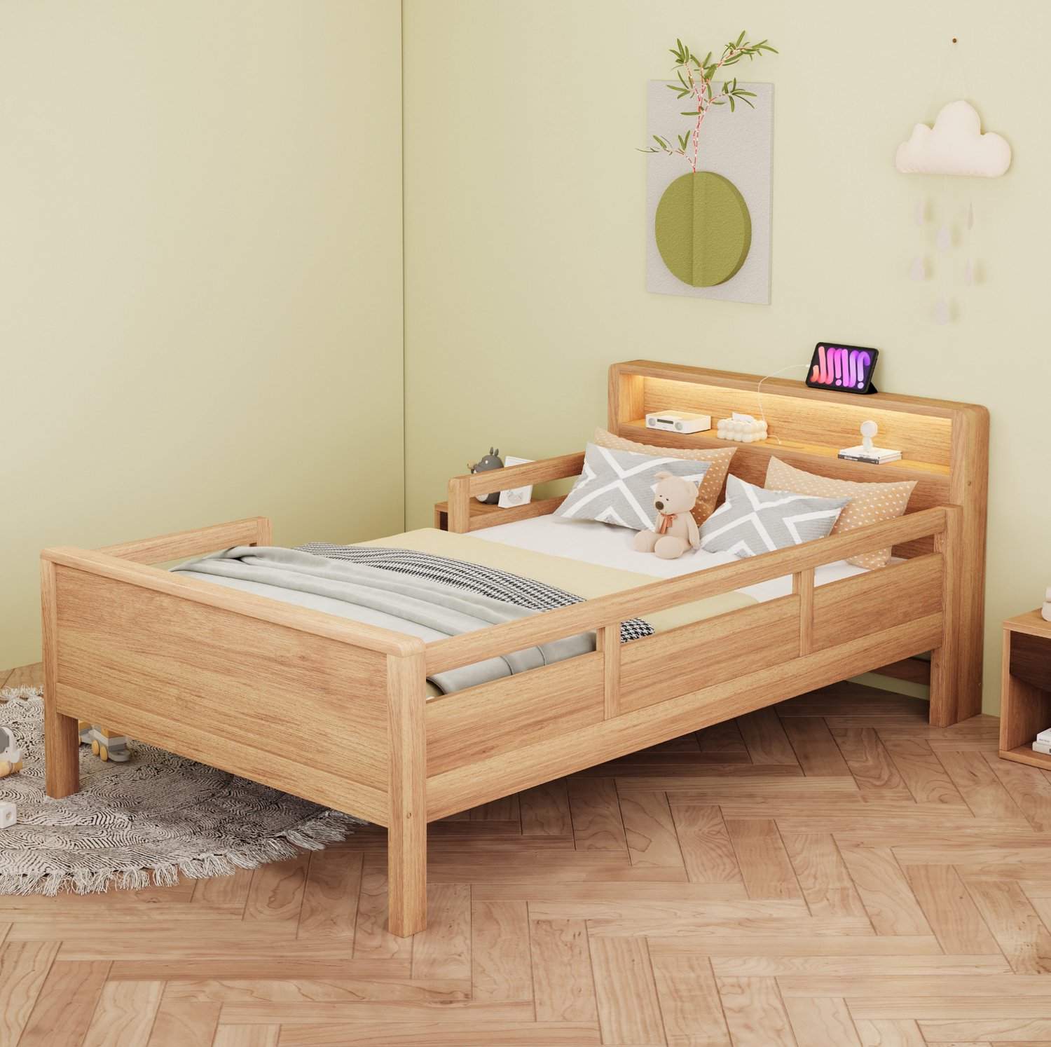 Maisentiel Kinderbed 90 x 200 cm met zijhek, opbergvak, LED en USB-C - houtkleur Naturel houtkleur