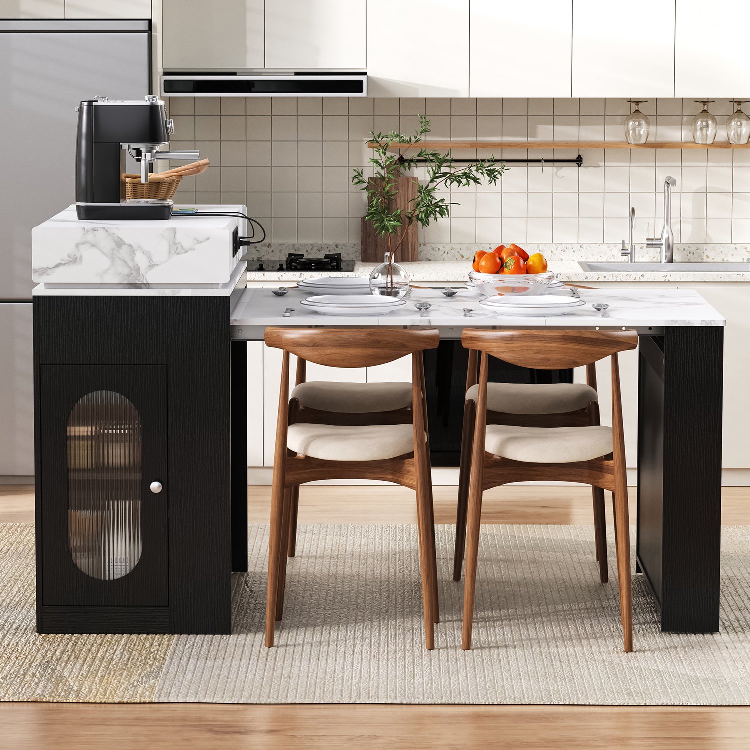 MUVANO Uitschuifbare eettafel - Zwart keukeneiland op wielen - Uitklapbaar blad in witte marmerlook - 83 x 46–146,5 x 96 cm - Keuken en eetkamer