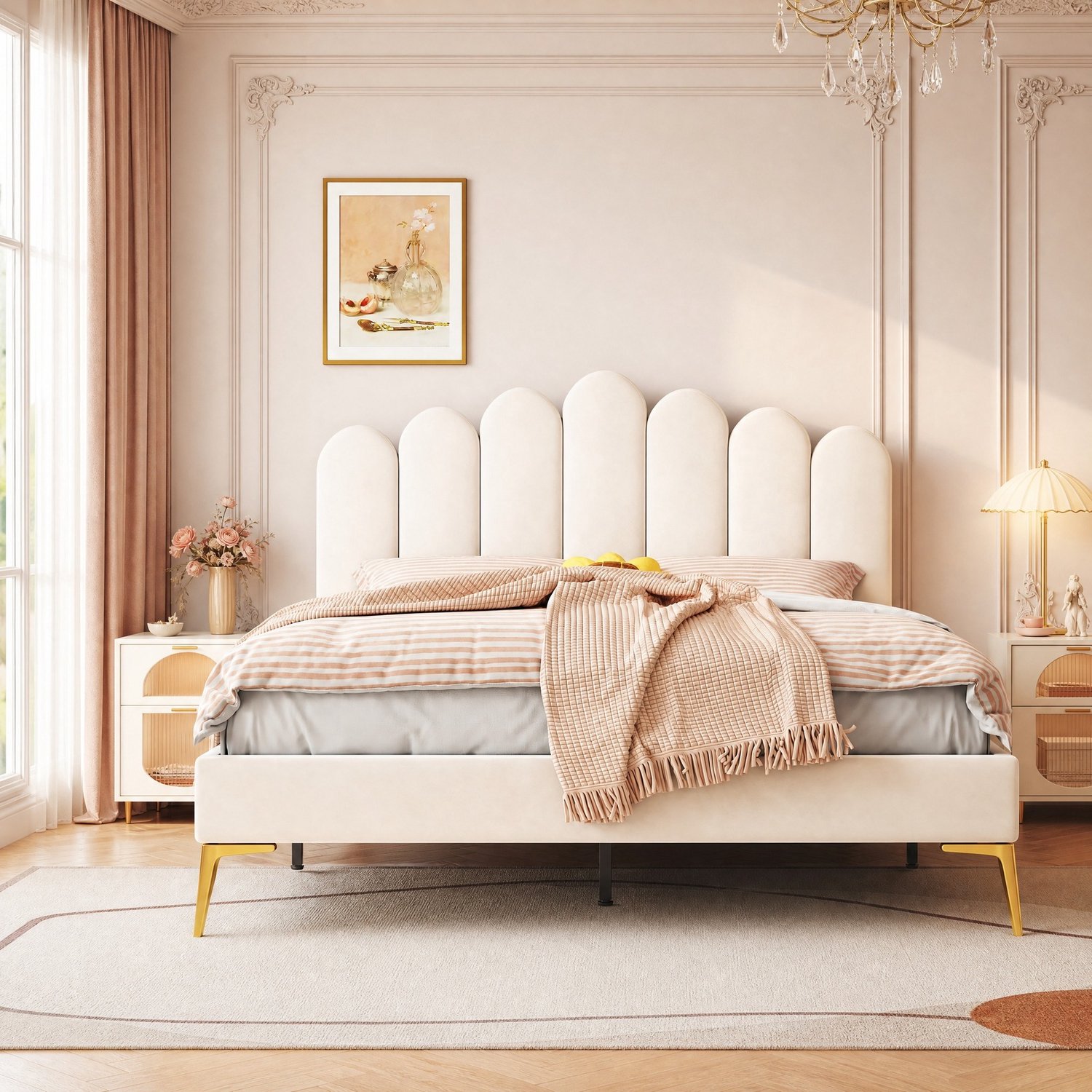 Maisentiel Gestoffeerd bed 140 x 200 cm - beige fluweel - verstelbaar hoofdbord en lattenbodem