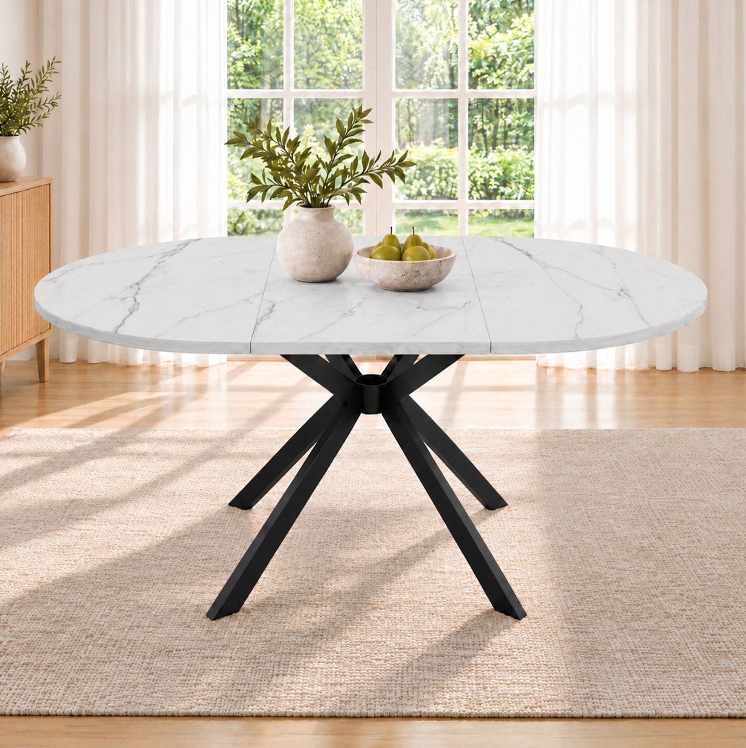 HAUSS SPOLE Eettafel - Uitschuifbaar Van Rond Naar Ovaal - Voor Eetkamer En Keuken - Wit MDF En Metalen Poten - 100x100 Tot 140x100 Cm