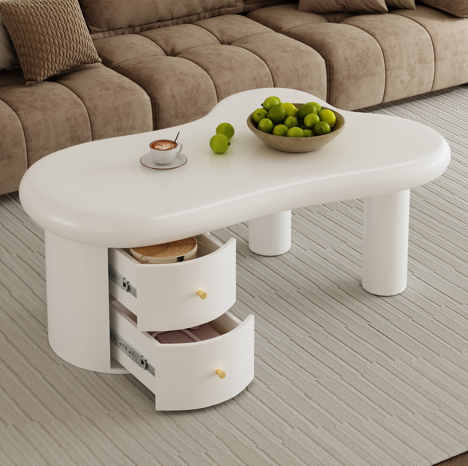 Maisentiel Witte salontafel met organische vorm en 2 lades - MDF - 97 x 64 x 42 cm