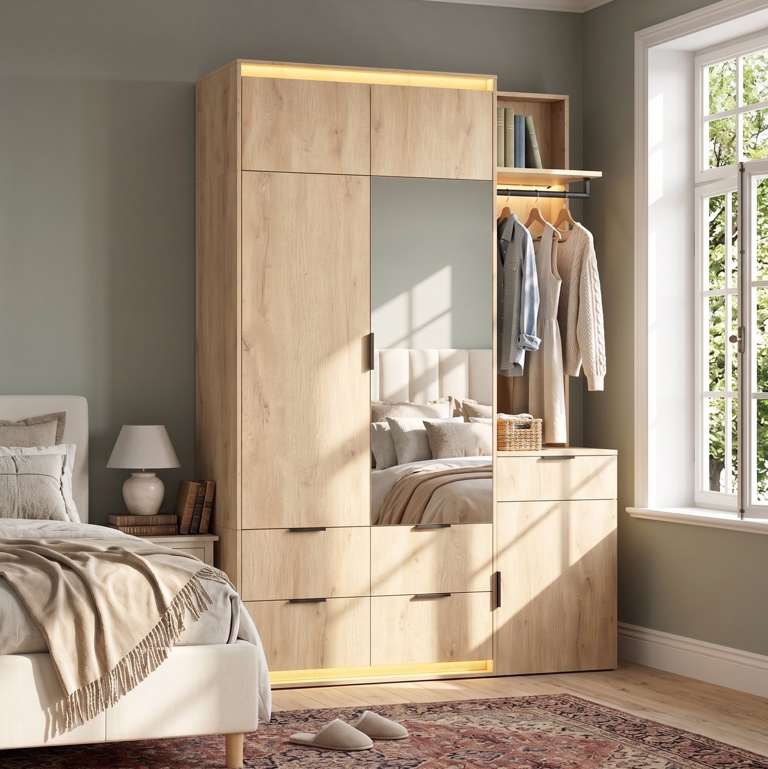 REDOM Kledingkast 135x47x200 cm - Spiegel en open garderobe - 5 lades, 2 kledingroedes en 3 LED-strips - Houtkleurig Eikenlook, antraciet