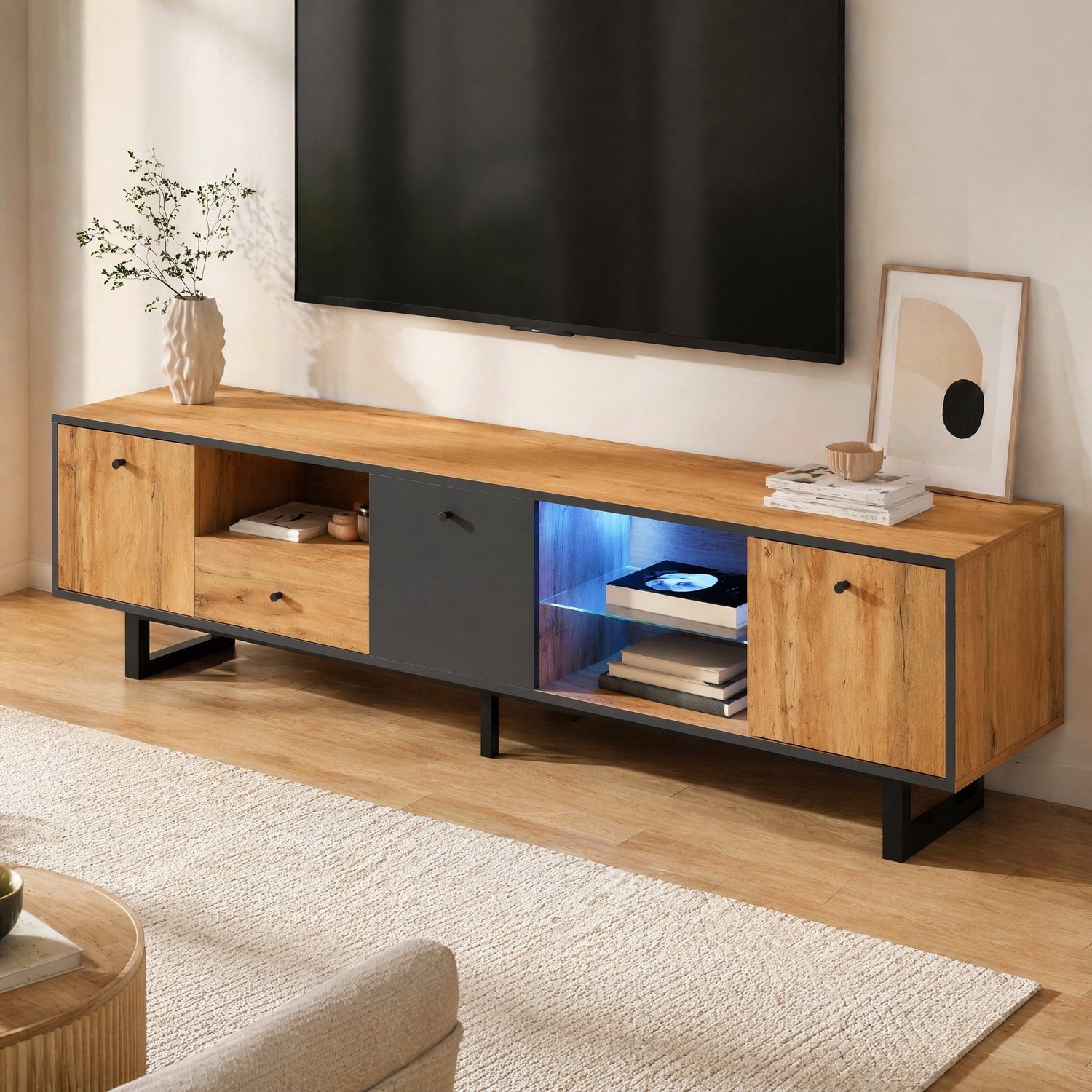 Maisentiel Tv-meubel met ledverlichting, glazen legplanken en lade - 190 x 40 x 50 cm Naturel