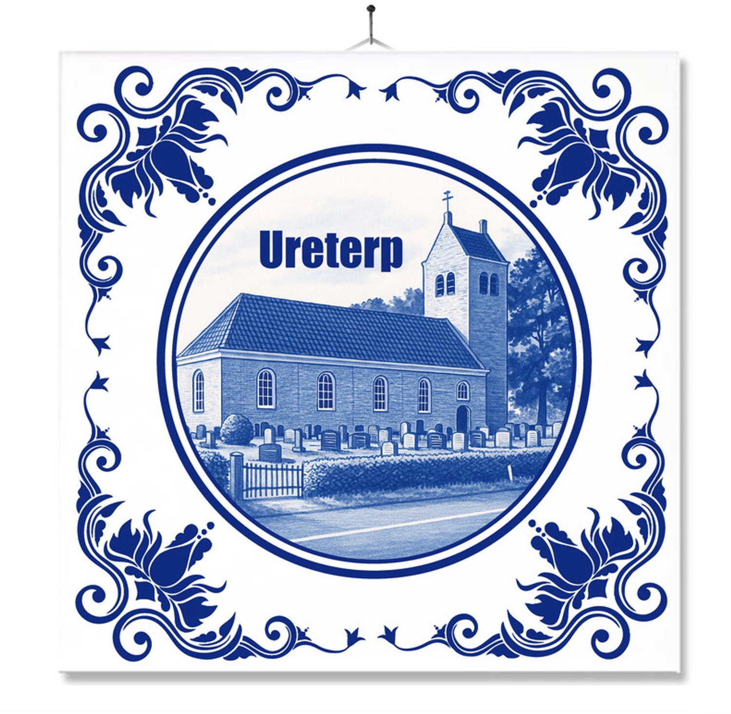 MC Living Tegel Met Opdruk | Ureterp | Delft Blauw | Cadeau | Inclusief Geschenkdoos | Standaard | Ophangsysteem Multi-Color