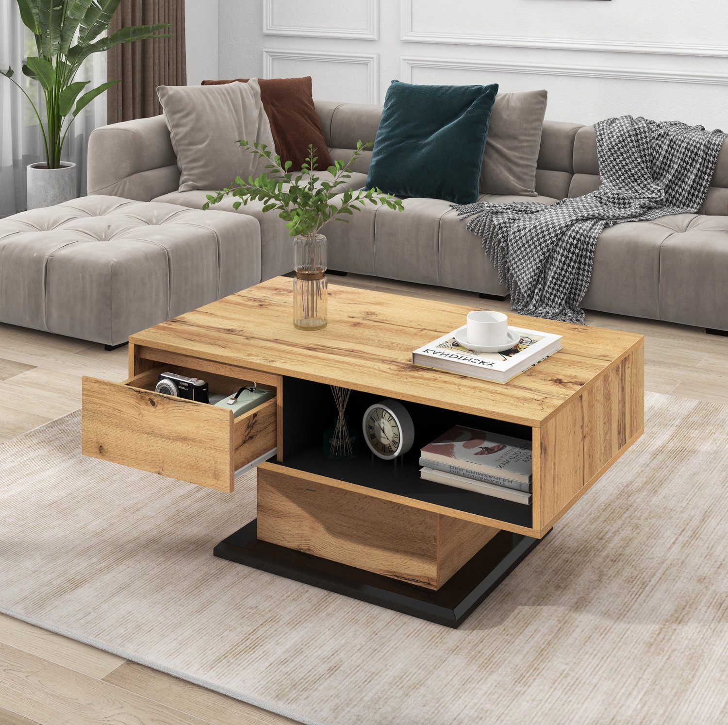 CHICFURN Salontafel - opbergruimte - lade en vakken - eiken en antraciet Eikenhout en antraciet