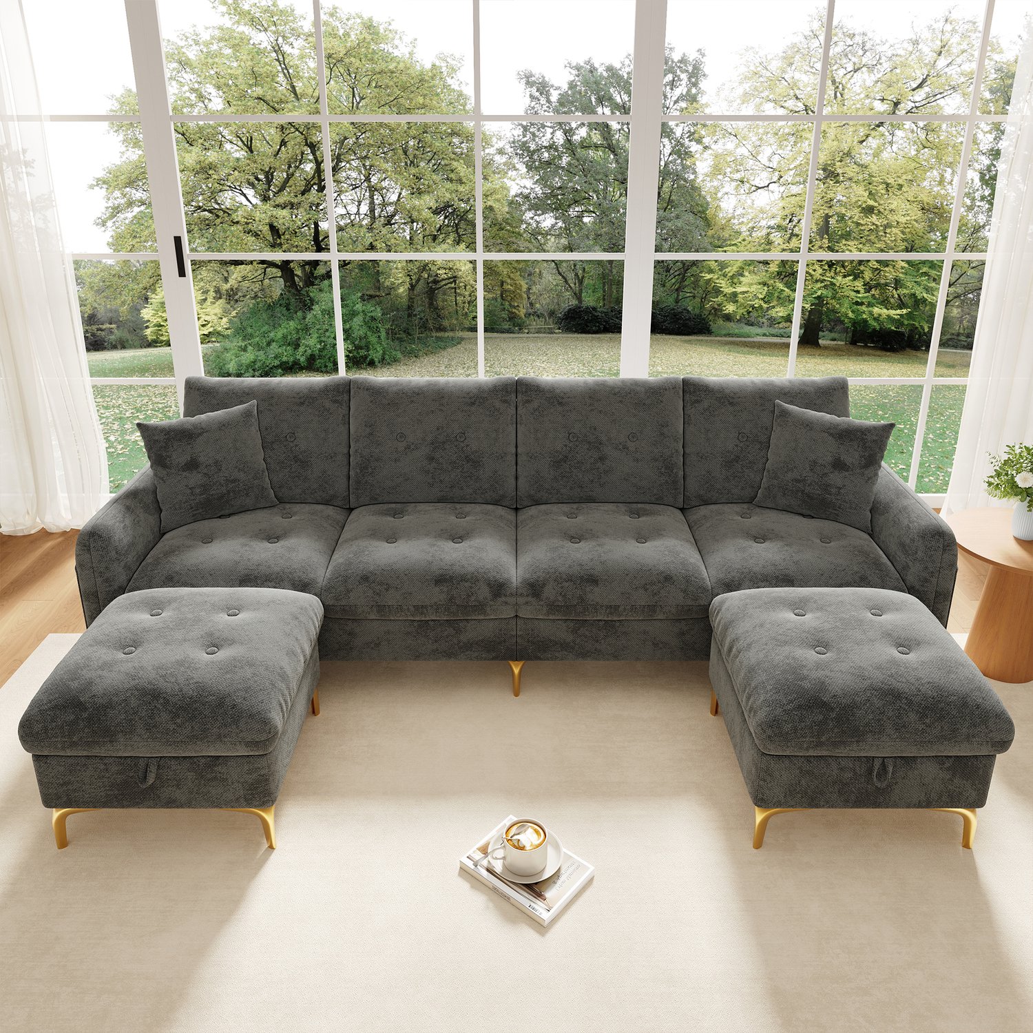 VVBV Hoekbank met Opbergruimte 263x137x85 cm – Slaapfunctie, Modulair, Armleuningen, Eenvoudige Montage – Hoekbank met Slaapfunctie – Chenille – Grijs