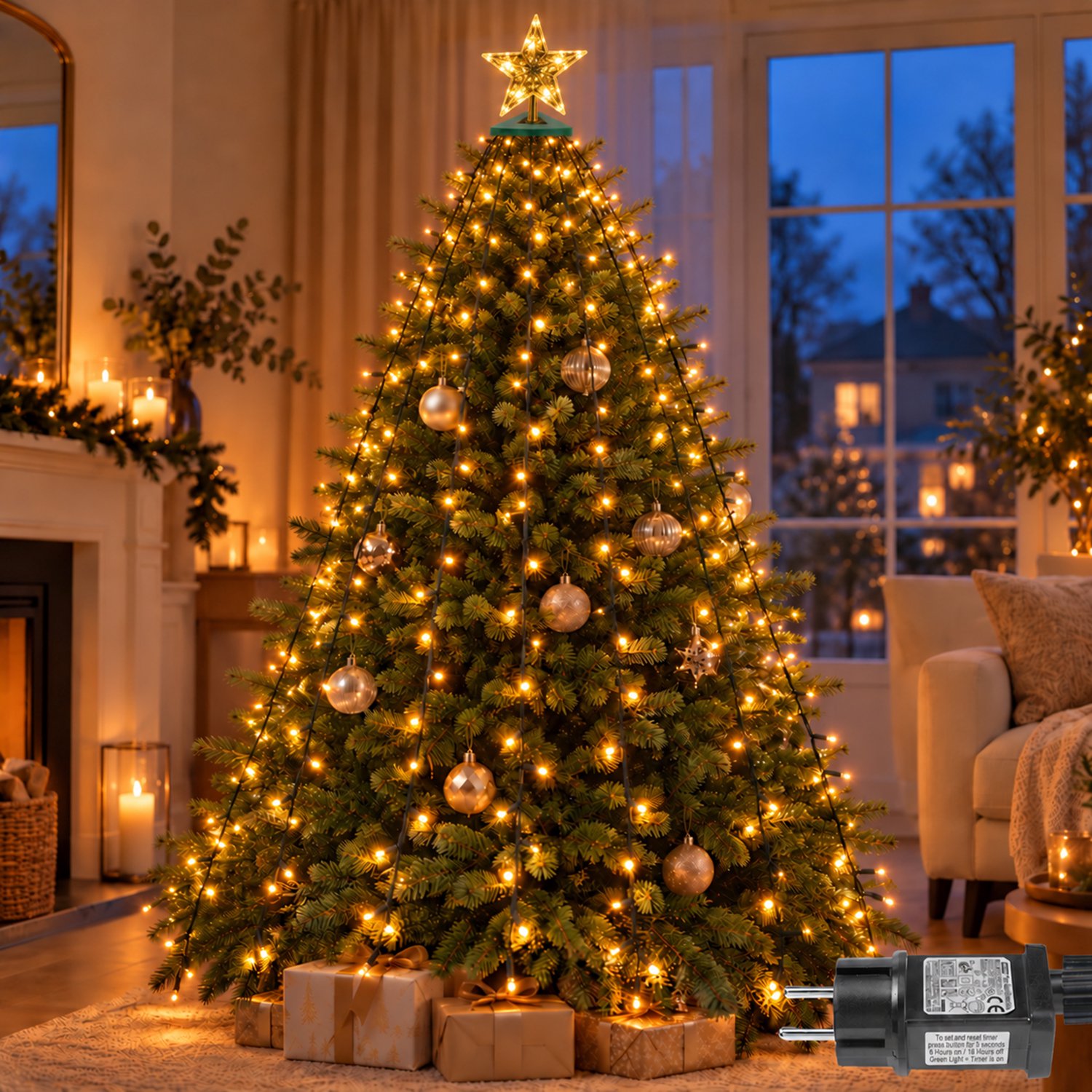 Lapamax Kerstboomverlichting met Ring - LED Lichtmantel 2 m met 410 LEDs en 16 Strengen - met Verlichte Stertopper - 8 Lichtstanden, Timer en Geheugen - IP44 Binnen en Buiten - Warm Wit