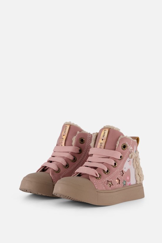 Roze meisjes sneakers met veters, een rits, schapenwollige voering en unicorn-print.