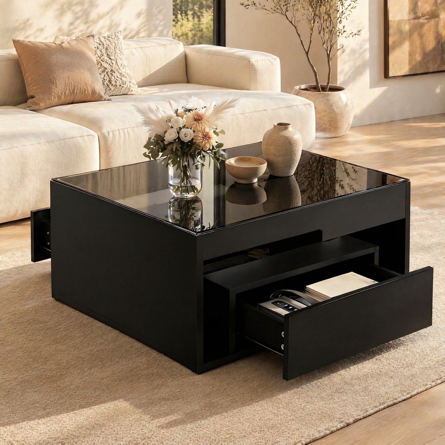 CHICFURN Salontafel - 2 lades - LED-verlichting - vierkant - zwart