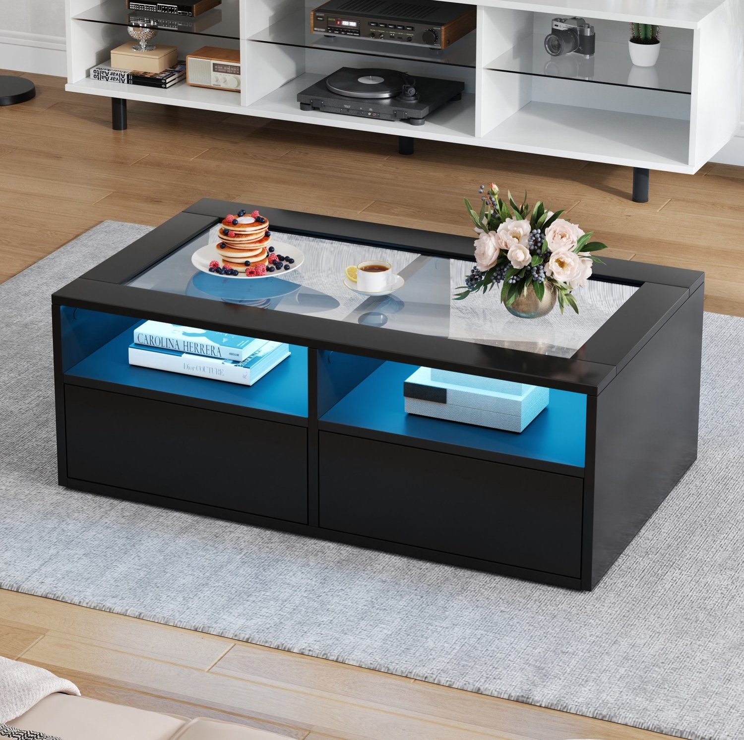CHICFURN Salontafel - LED-verlichting - 2 lades - Dubbel niveau - Zwart