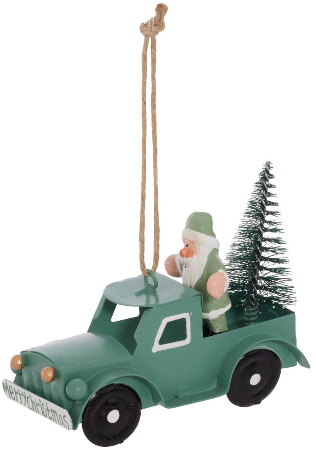 Feeric lights & Christmas Groene metalen kerstboomversiering in de vorm van de auto van de Kerstman, 10 cm Vert