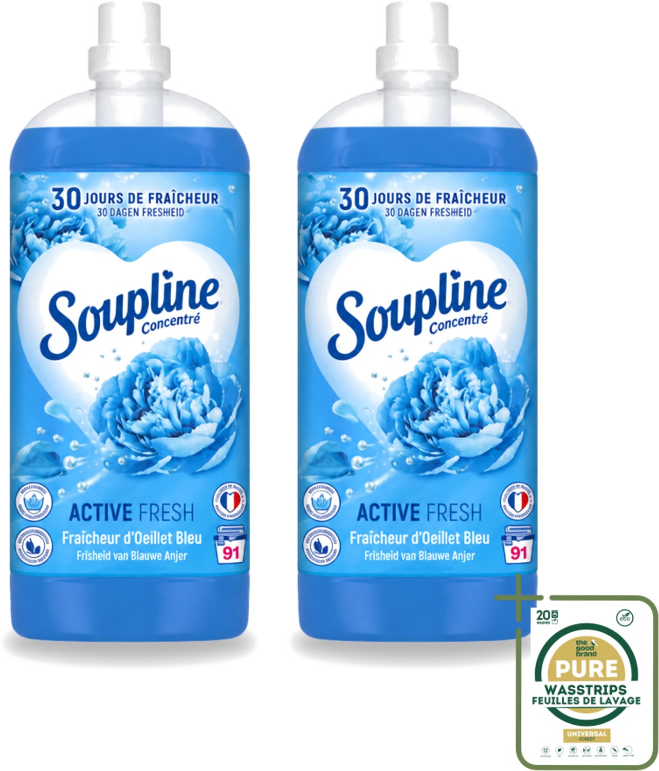 2 x Soupline – Wasverzachter – Active Fresh Frisheid van Blauwe Anjer – 2 L - Wasstrips - Wasverzachter - Frisheid - Blauwe Anjer - Wasgoed - Kleding