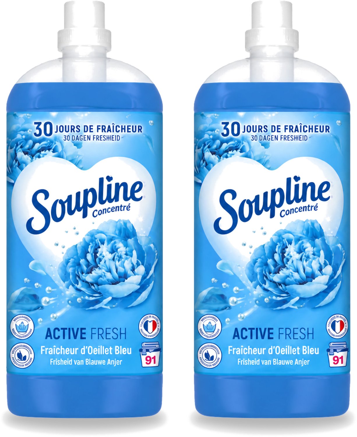 2 x Soupline – Wasverzachter – Active Fresh Frisheid van Blauwe Anjer – 2 L - Voordeelverpakking - 2 stuks