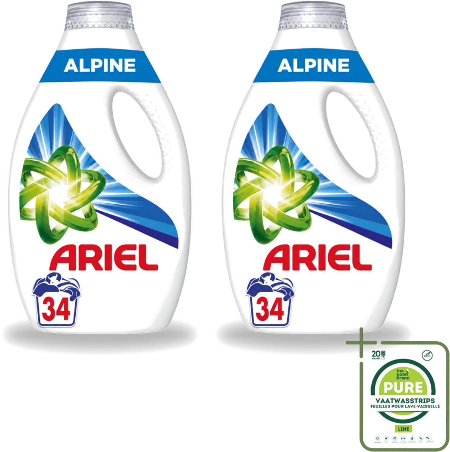 2 x Ariel – Vloeibaar Wasmiddel – Alpine – 1530 ml – 34 wasbeurten - Grootverpakking - Vaatwasstrips - Ariel Alpine - Vloeibaar Wasmiddel - Koud Wassen - Frisse Geur - Energiezuinig Wasmiddel