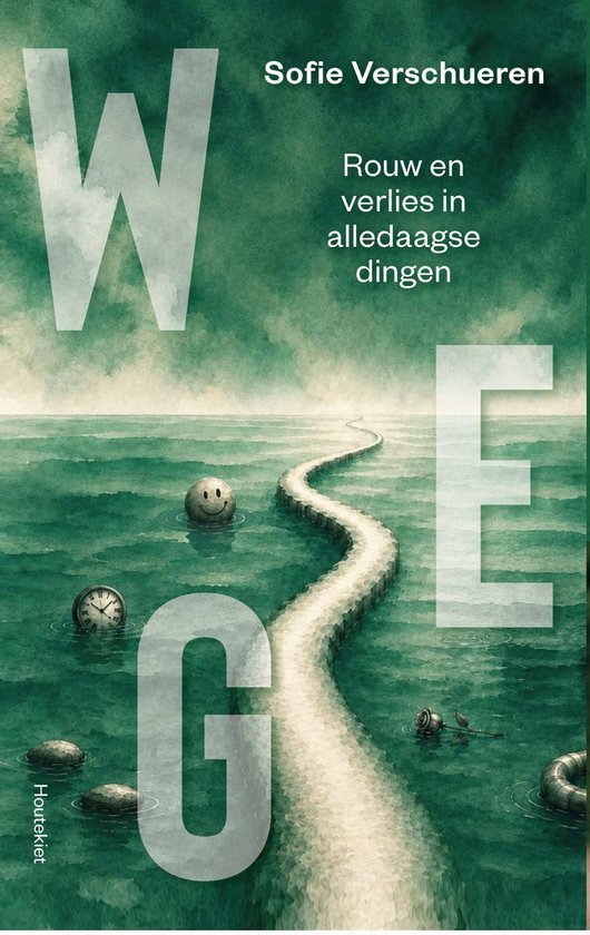Boekomslag 'WEG' van Sofie Verschueren met een pad door groen water en surrealistische objecten zoals een smiley-bal.