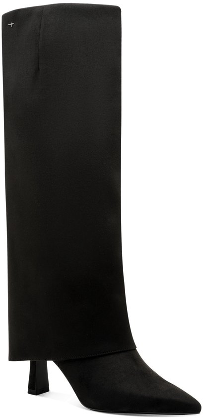 Zwarte laars met een brede, omgeslagen schacht en een elegante hak, zijaanzicht.
