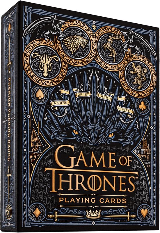 Voorkant van de doos met 'Game of Thrones Playing Cards', gouden details en emblemen van verschillende huizen.
