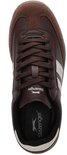 Bovenaanzicht van een bruine Slazenger sneaker met beige strepen, bruine veters en Slazenger logo op de binnenzool.