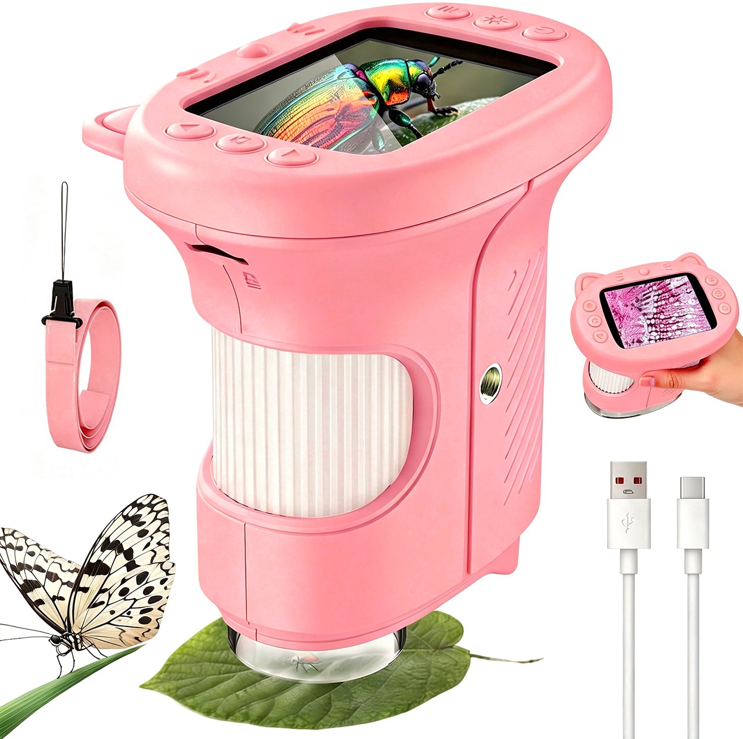 Digitale Microscoop Voor Kinderen - Handmicroscoop - Kindermicroscopen - 1000x Vergroting - 2,4 Inch IPS Scherm - 8 Instelbare LED's - Foto & Video - 2MP Camera - 32MB - met Draagkoord - Educatief Speelgoed - Voor Insecten & Planten & Munten - Roze