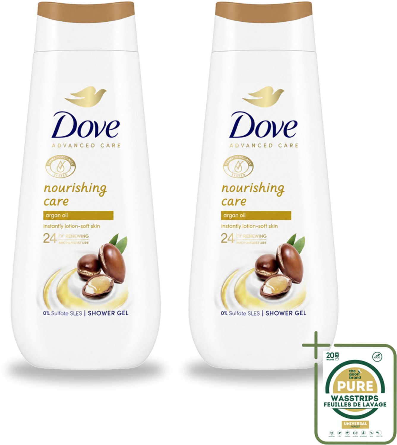 2 x Dove Douchecrème - Nourishing Care - Arganolie - 225 ml - Wasstrips - Douchegel - Arganolie - Hydratatie - Droge Huid - Voedende Huid