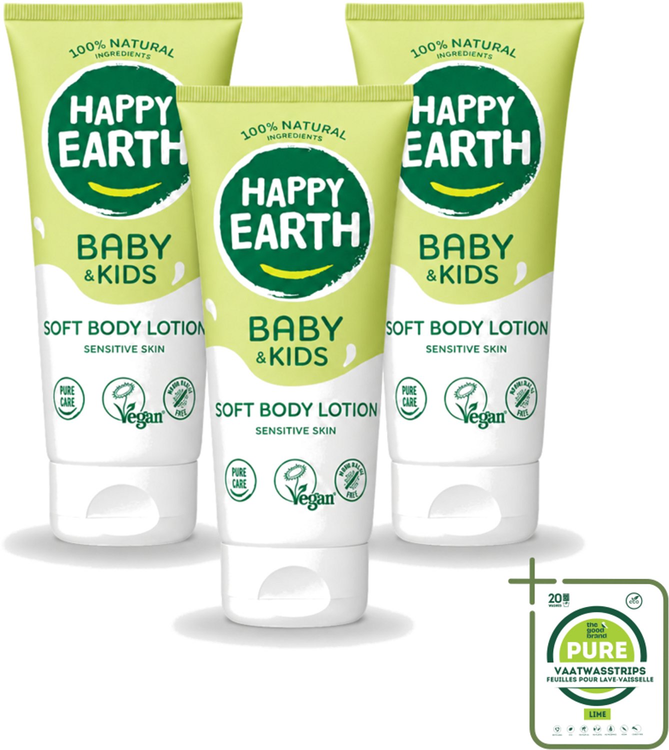 3 x Happy Earth – Bodylotion – 100% Natuurlijk Baby & Kids – 200 ml - Grootverpakking - Vaatwasstrips - Babylotion - Kinderhuid - Natuurlijke Bodylotion - Gezonde Huid - Gevoelige Huid