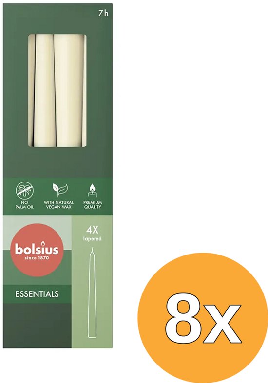 Groene verpakking van 8x Bolsius dinerkaarsen in ivoor, 24,5 cm, 7 uur brandtijd, veganistisch en palmolievrij.