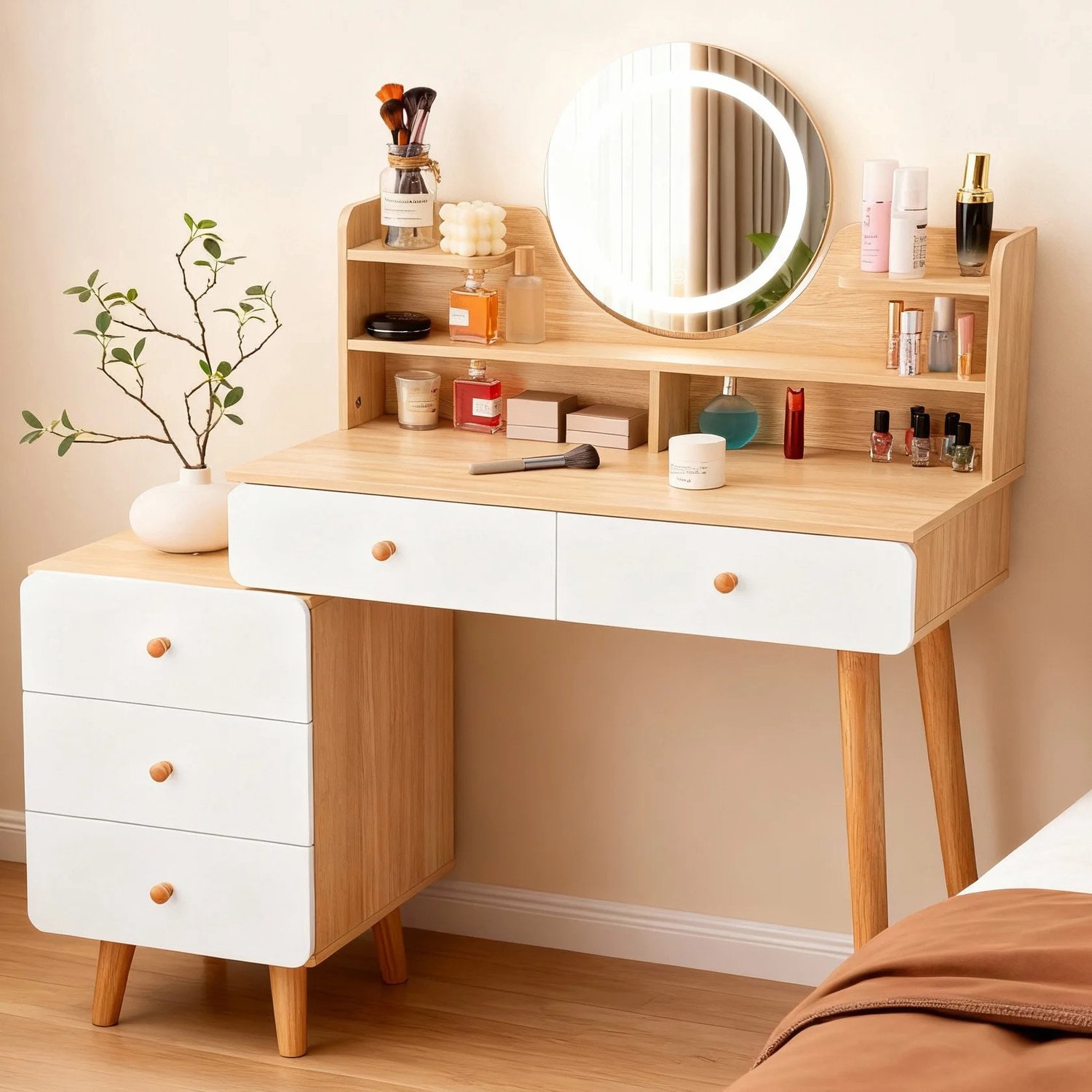 Gudalio Make Up Tafel - Kaptafel - Ronde LED spiegel - 3 Lichtkleuren - Opbergruimte - 95 x 40 x 134 cm - Modern - Eiken - Wit