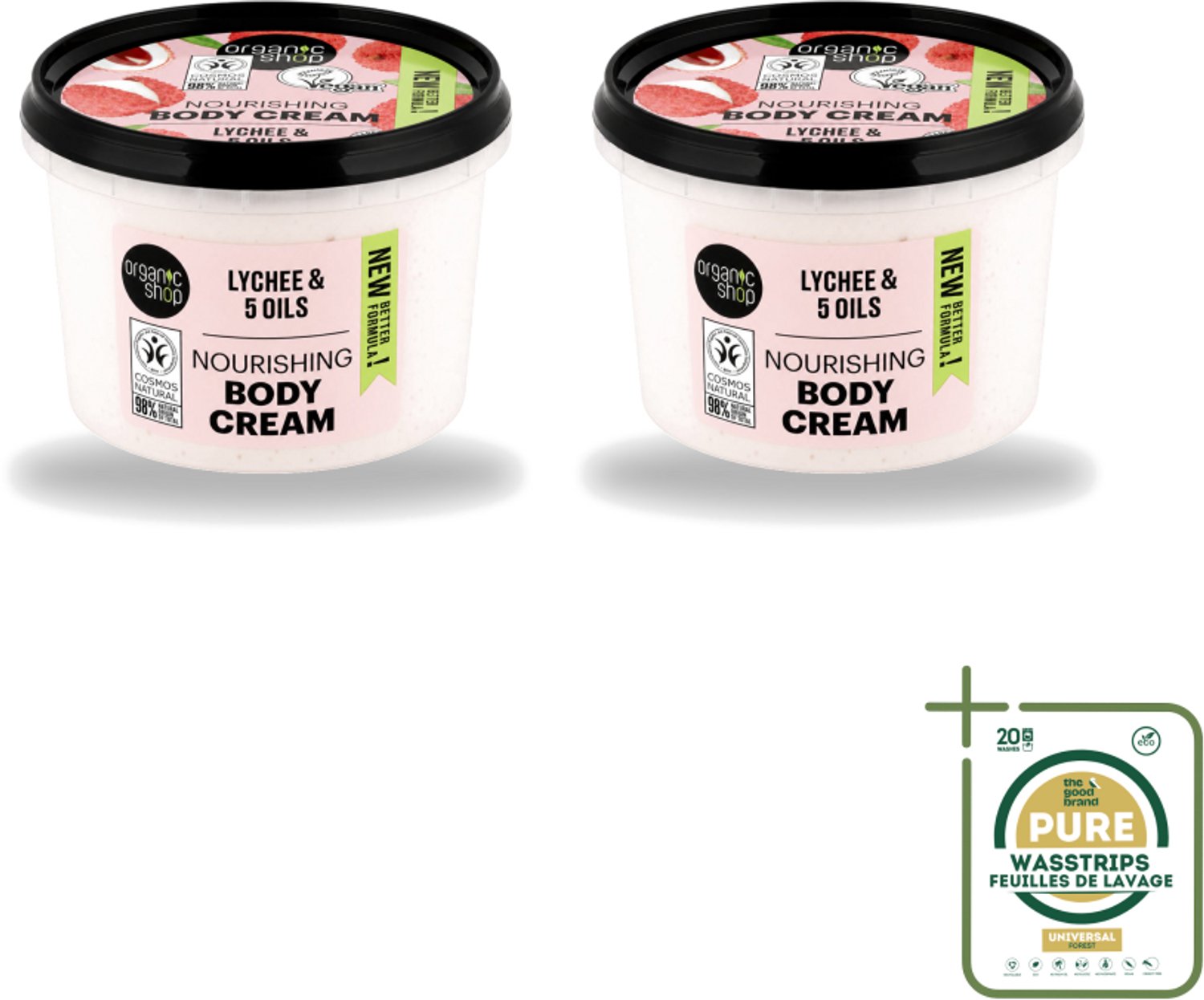 2 x Organic Shop - Nourishing Body Cream Lychee - Hydraterend en Voedend - 250 ml - Wasstrips - Hydraatende Crème - Voedende Crème - Lychee Crème - Natuurlijke Crème - Huidverzorging