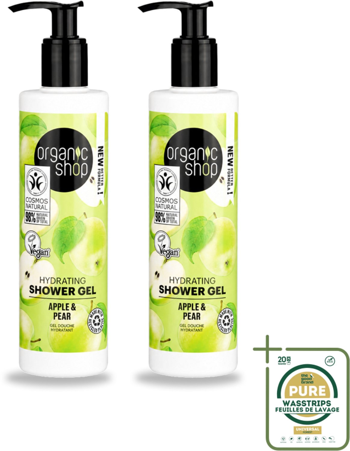 2 x Organic Shop - Douchegel Apple & Pear - Verfrissend en Hydraterend - 280 ml - Wasstrips - Douchegel - Natuurlijke Douchegel - Biologische Douchegel - Hydraterende Douchegel - Frisse Douchegel