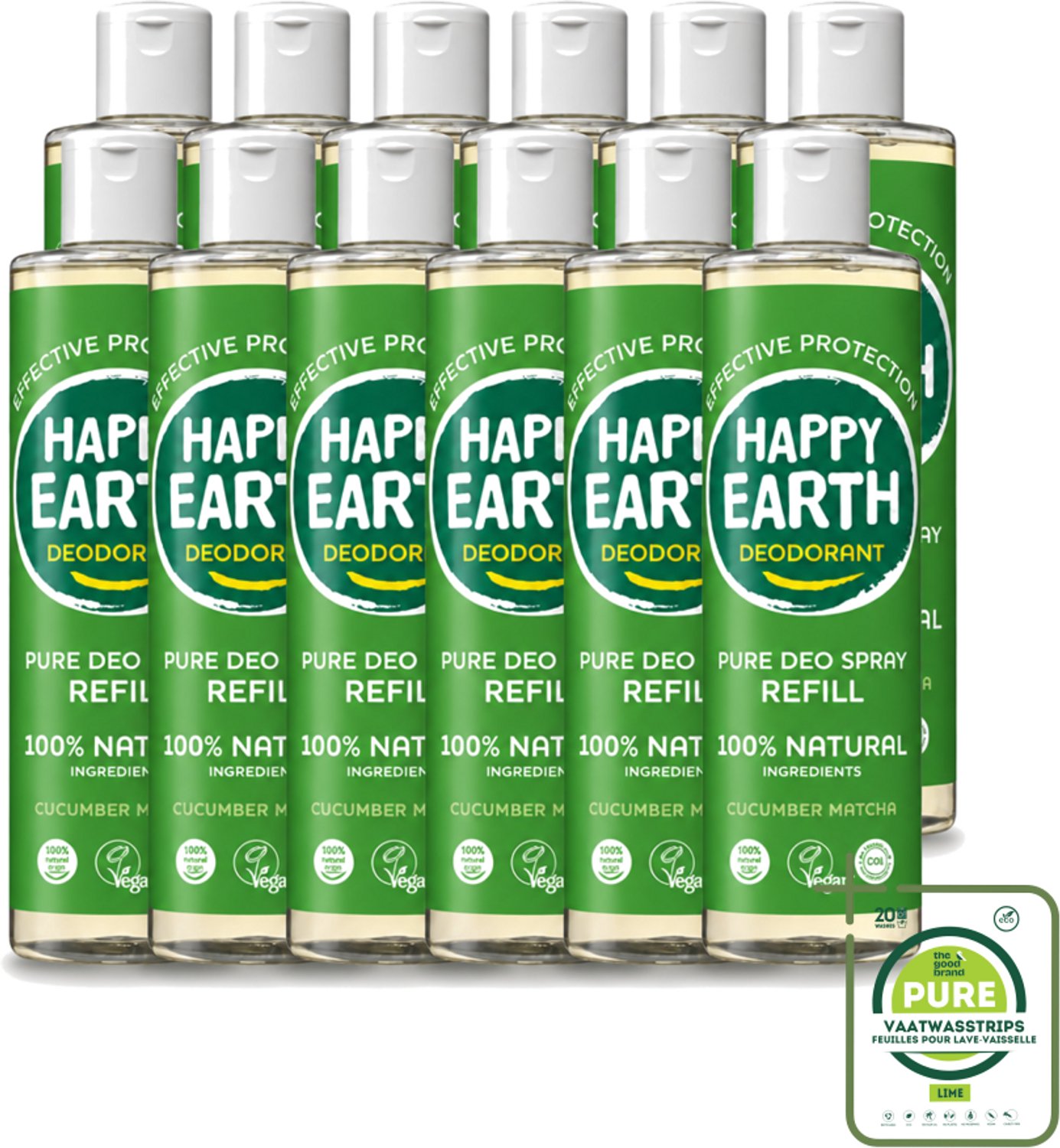 12 x Happy Earth – Deodorant Spray Navulling – 100% Natuurlijk Cucumber Matcha – 300 ml - Grootverpakking - Deodorant - Frisheid - Natuurlijke Deodorant - Matcha - Komkommer